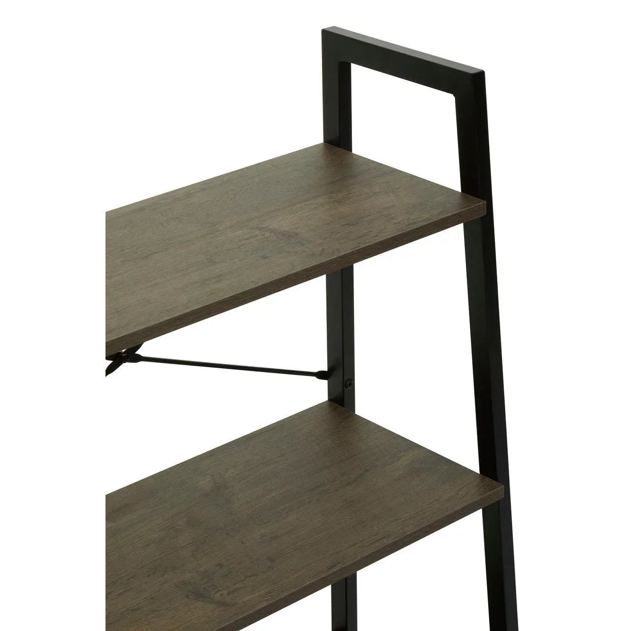 Closeup of dark wood shelving unit with black metal frame and two shelves