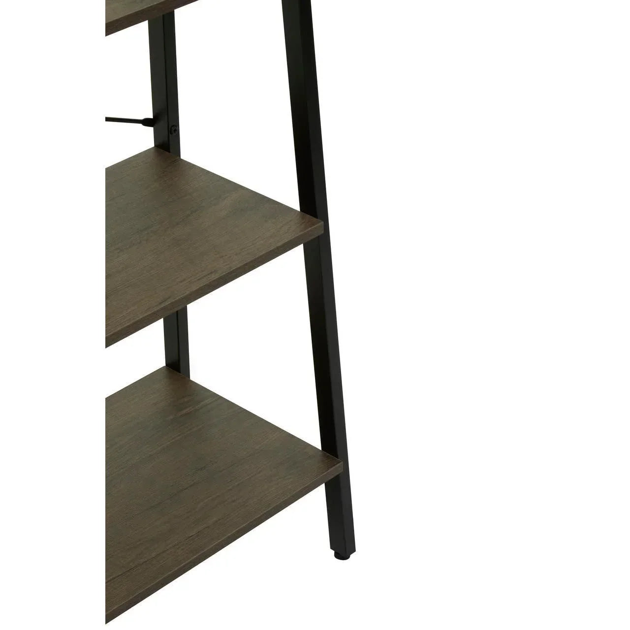 Close view of wooden bookshelf shelves with black metal frame and minimal industrial design