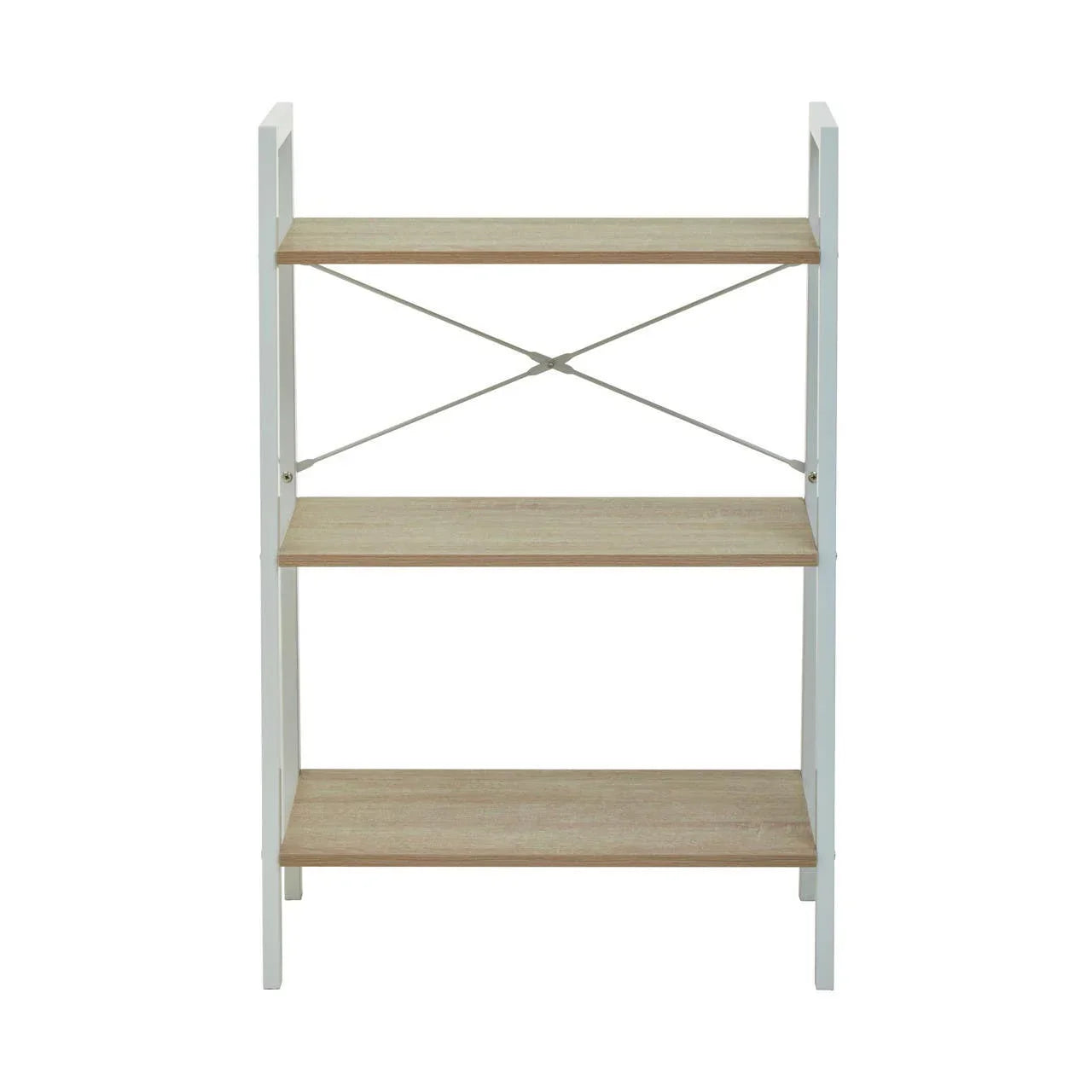 Three tier wooden shelving unit with white metal frame and natural finish shelves, front view