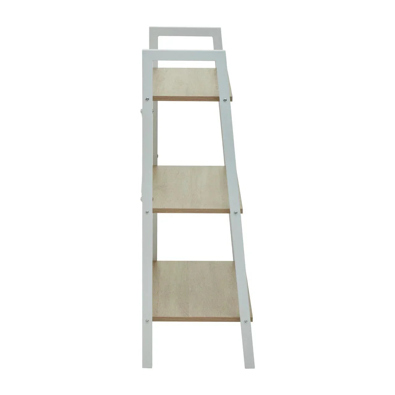 White frame ladder shelf with three wood shelves, front view