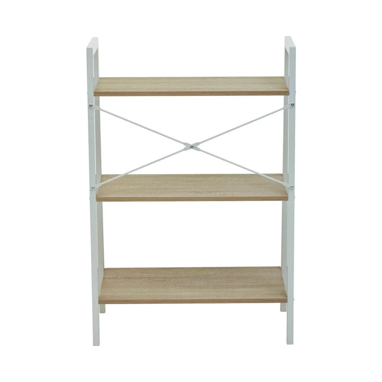 Three tier wooden shelving unit with white metal frame and cross support, front view