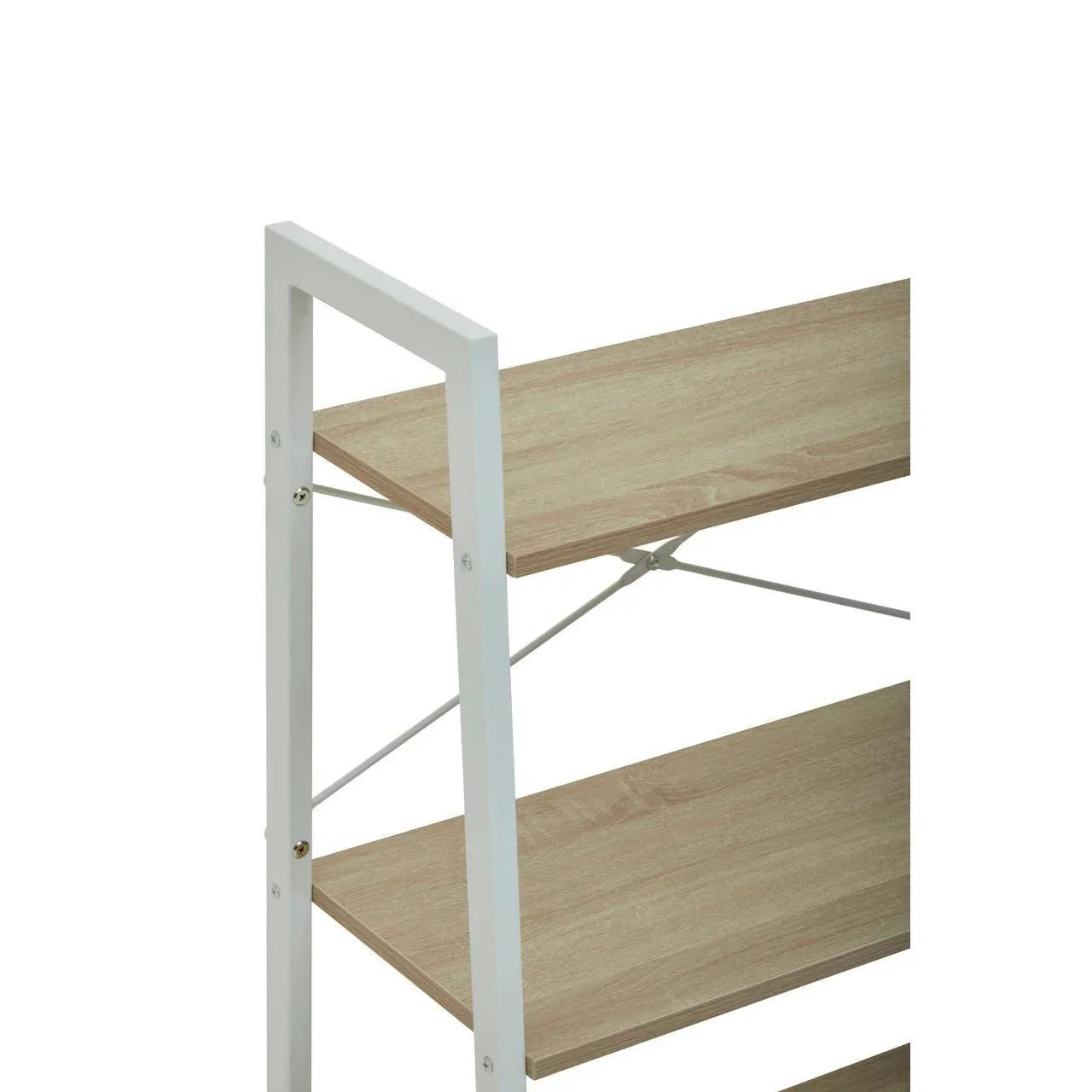Three-tier shelving unit with light wood shelves and white metal frame, side angle view