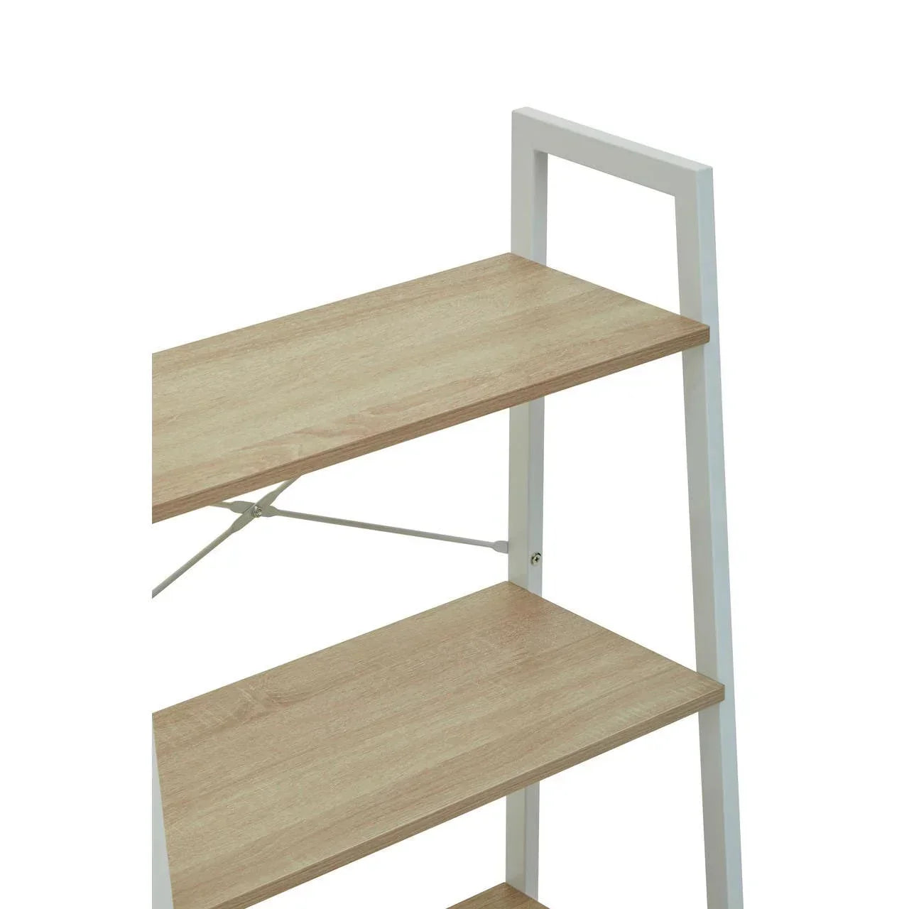 Wooden shelving unit with white metal frame and three open shelves