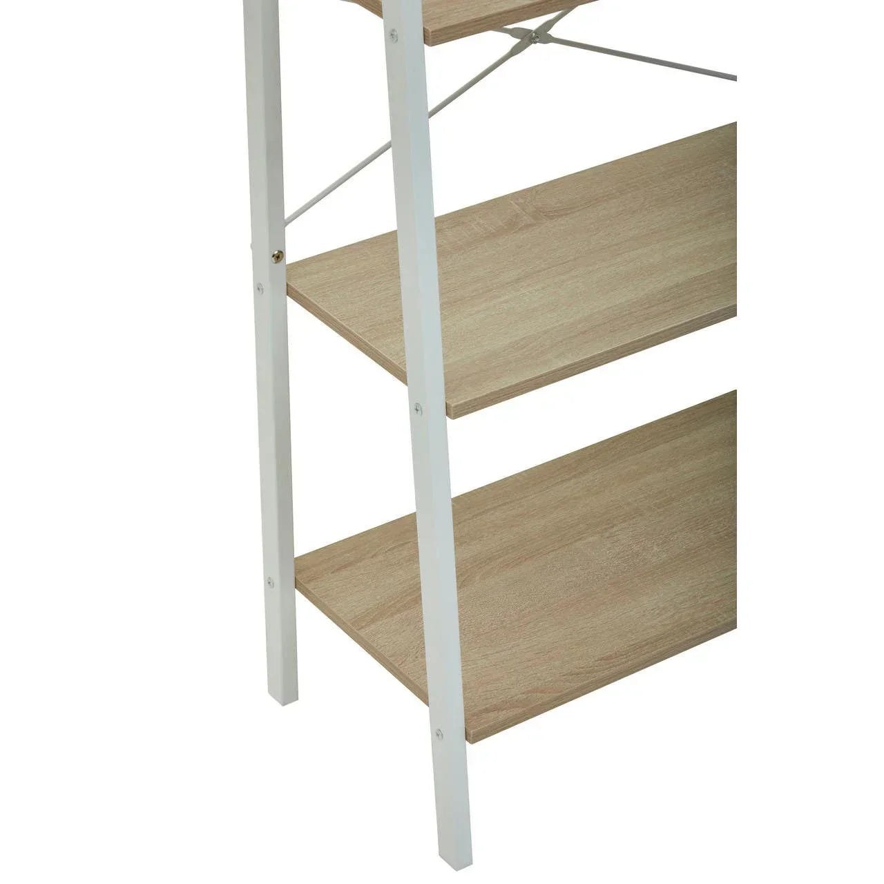 Closeup of shelving unit with light wood shelves and white metal frame