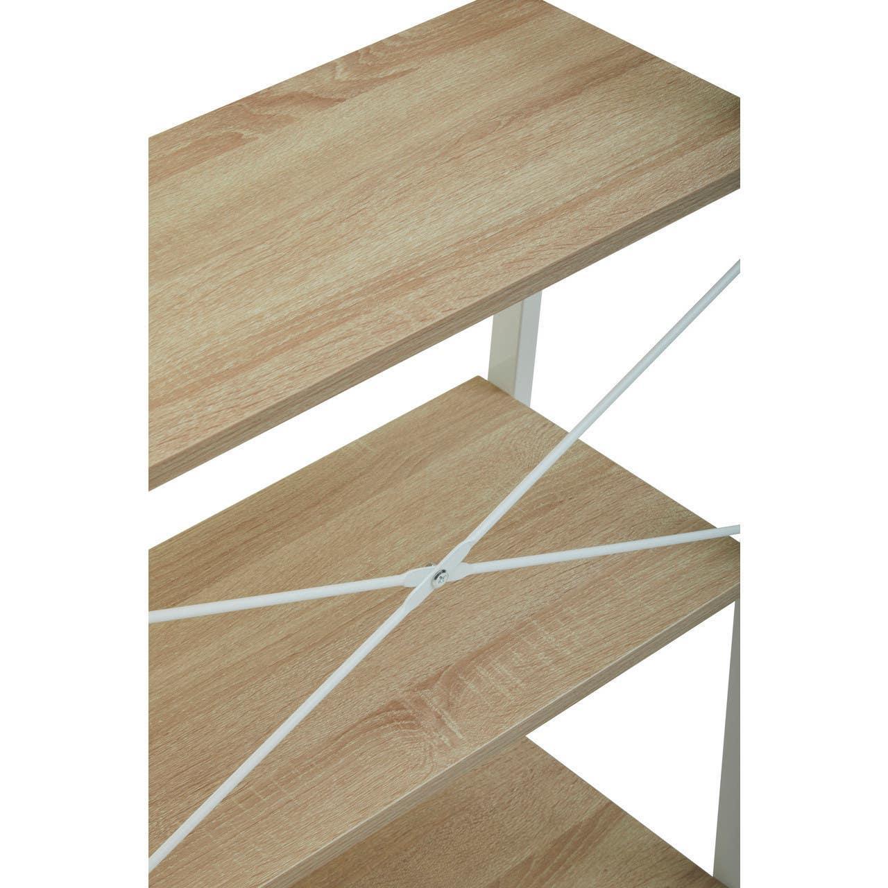 Close view of wooden shelving unit with white metal support and light oak finish