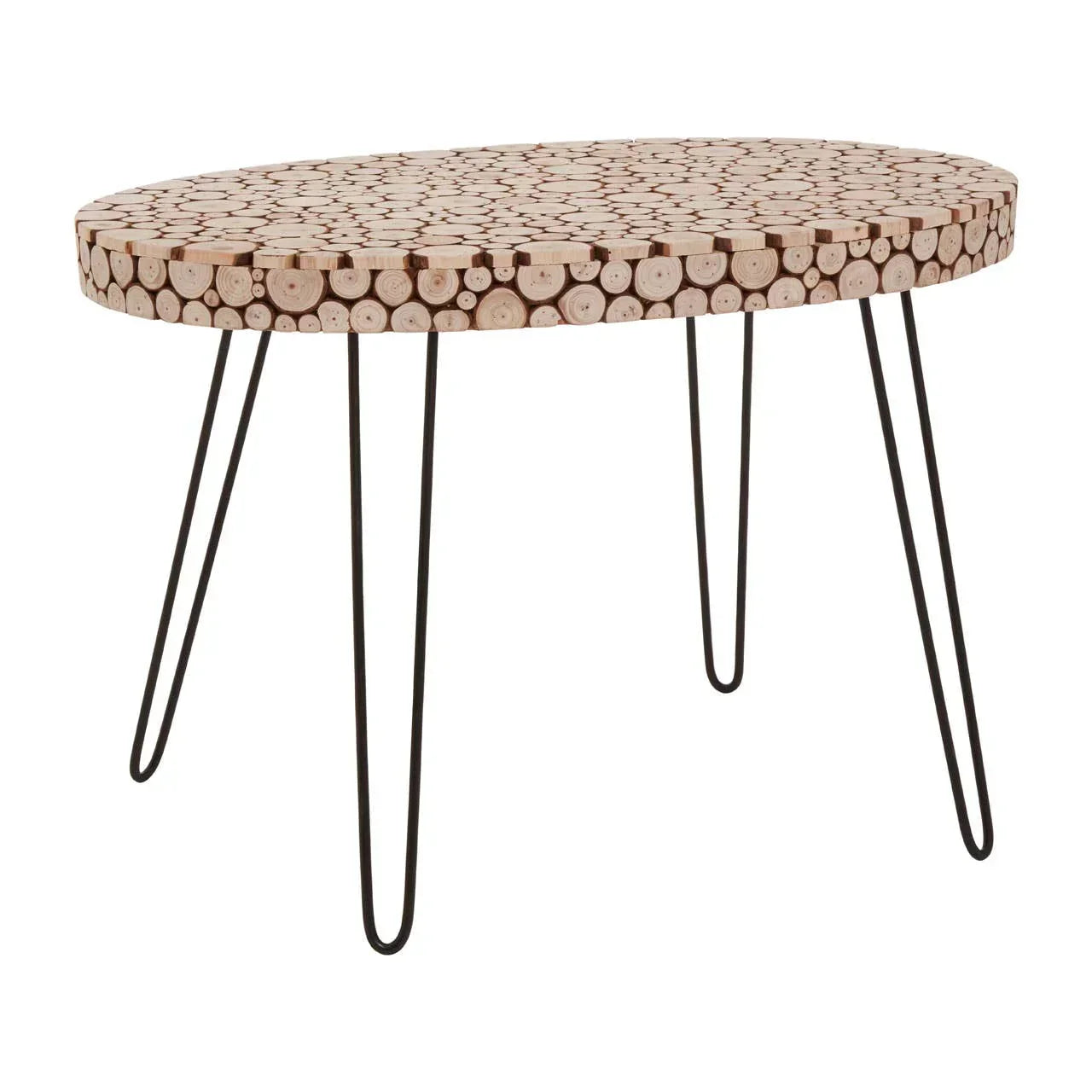 Round wooden coffee table with hairpin metal legs and log slice pattern top
