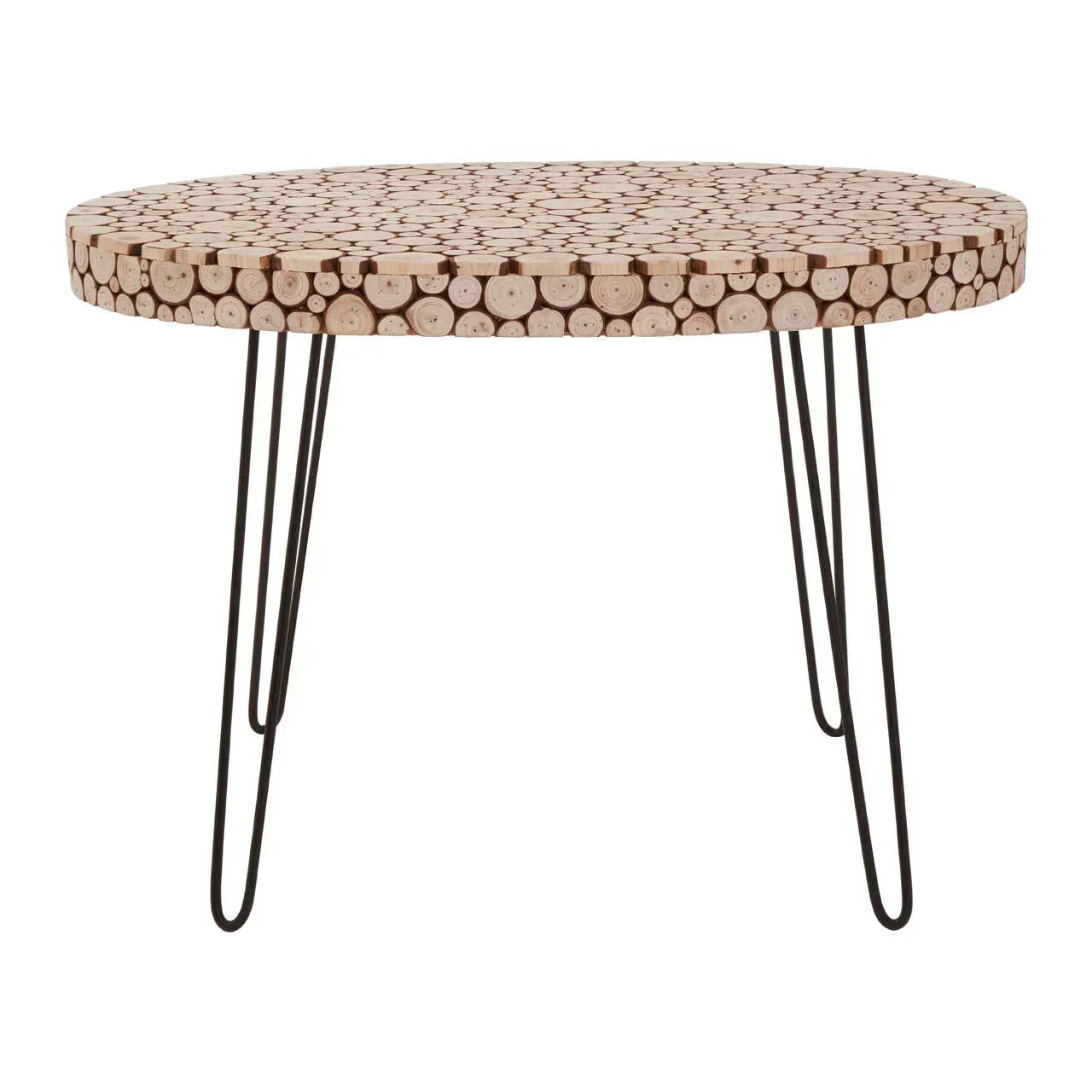 Round wood coffee table with natural log pattern top and black metal hairpin legs