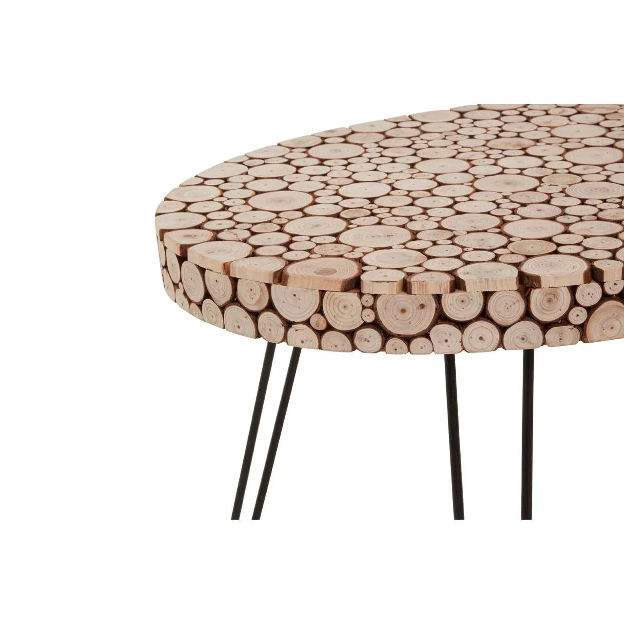 Round wooden coffee table with branch slice top and black metal hairpin legs