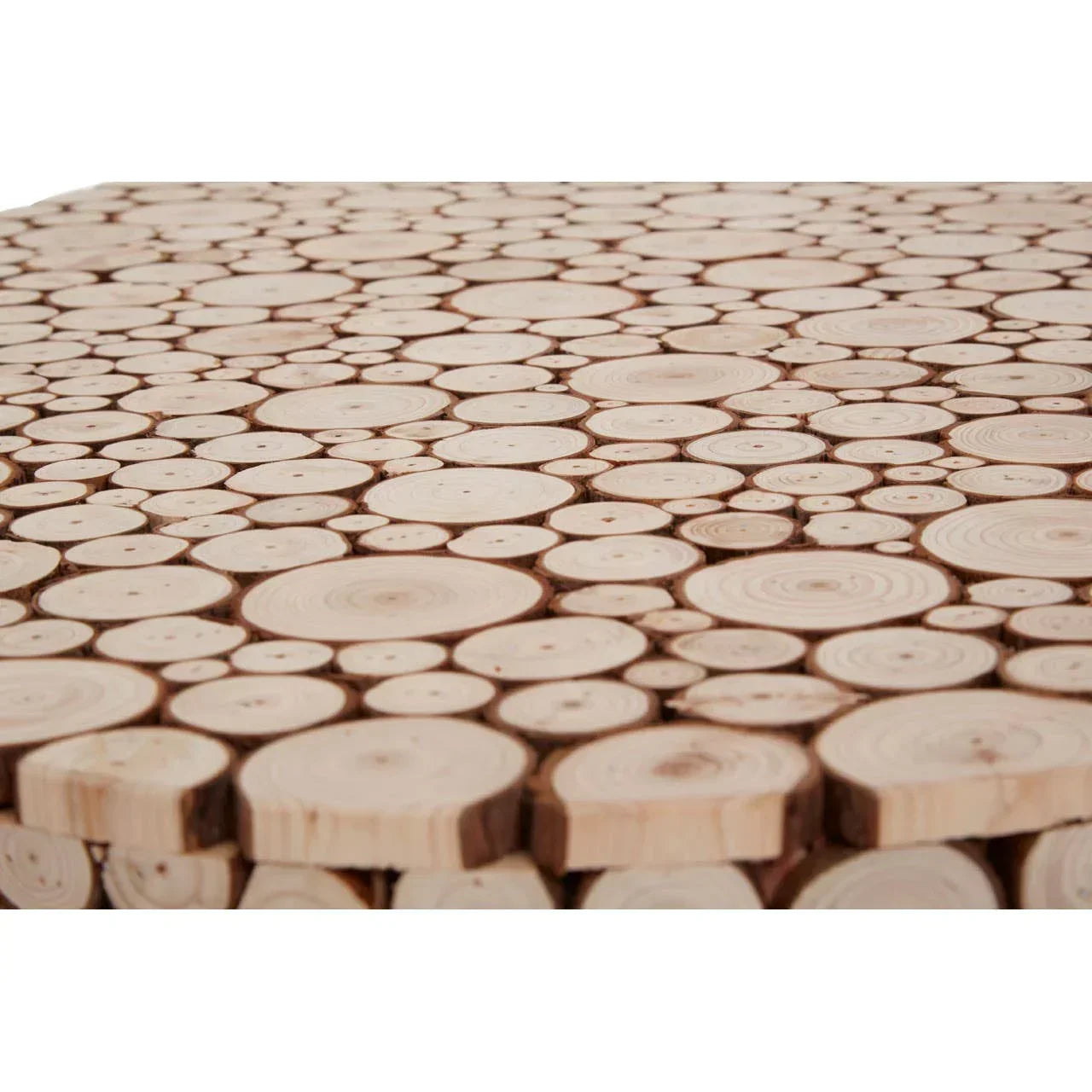 Close view of round wooden coffee table top with natural tree trunk slice pattern