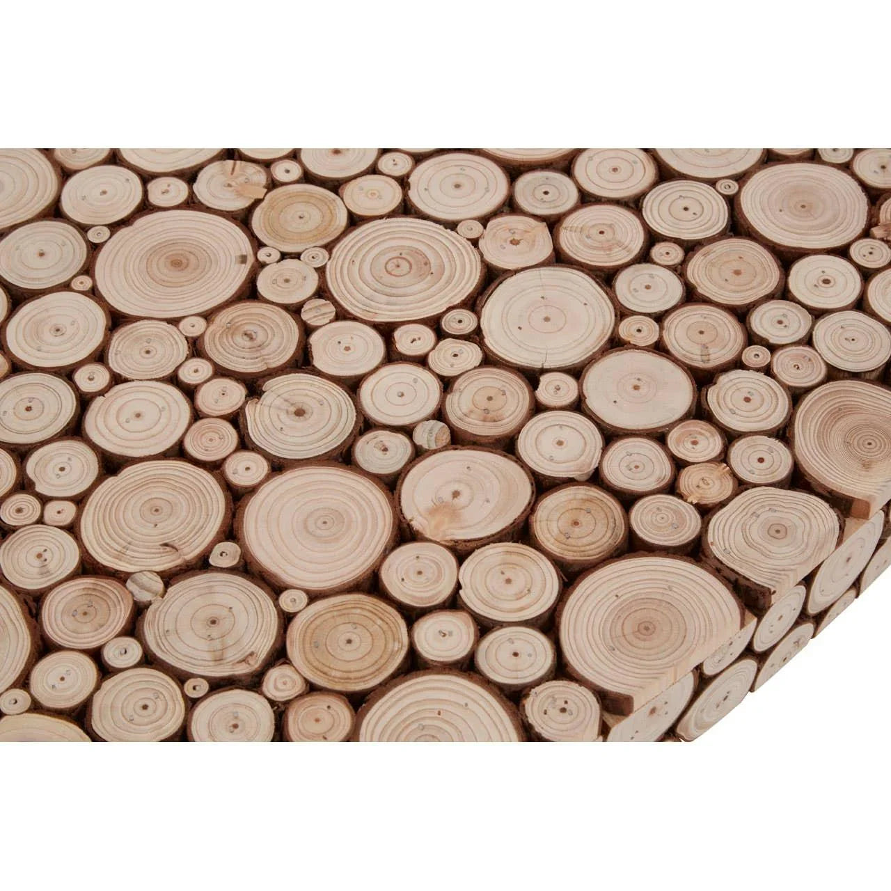 close-up of coffee table surface made from round cut wood slices arranged in mosaic pattern