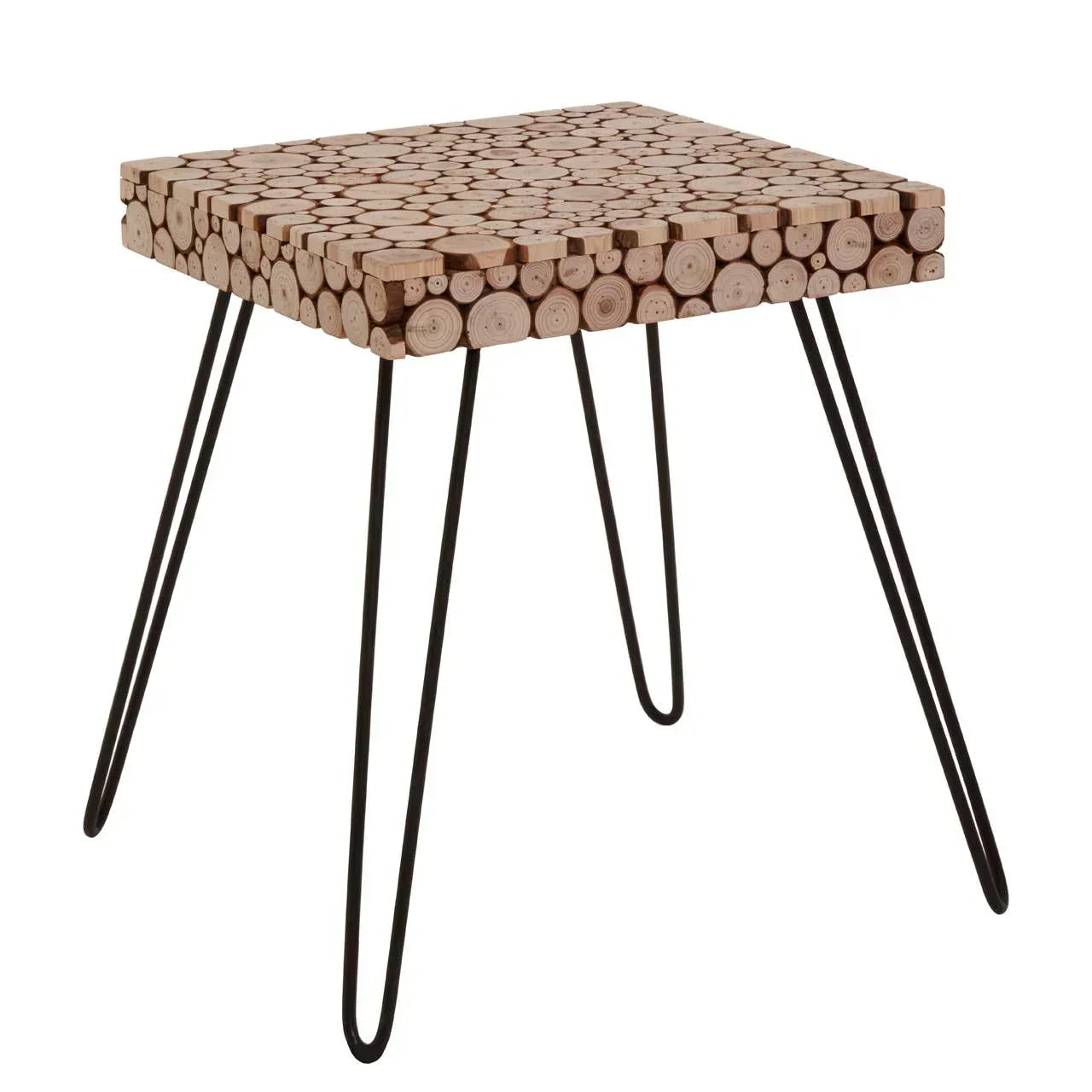 Wooden side table with round log pieces and black hairpin metal legs
