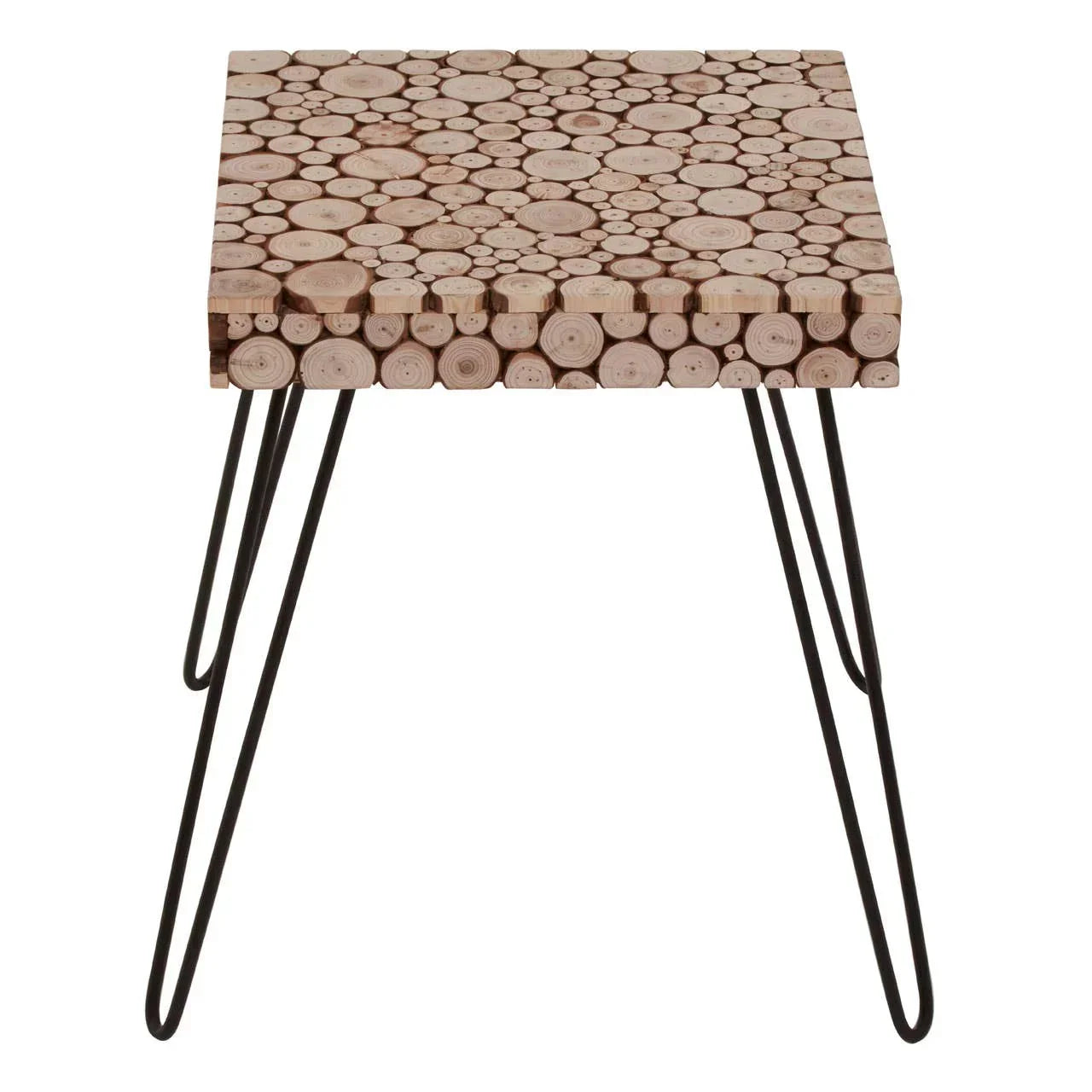 Square wood coffee table with unique log slice top and black hairpin legs