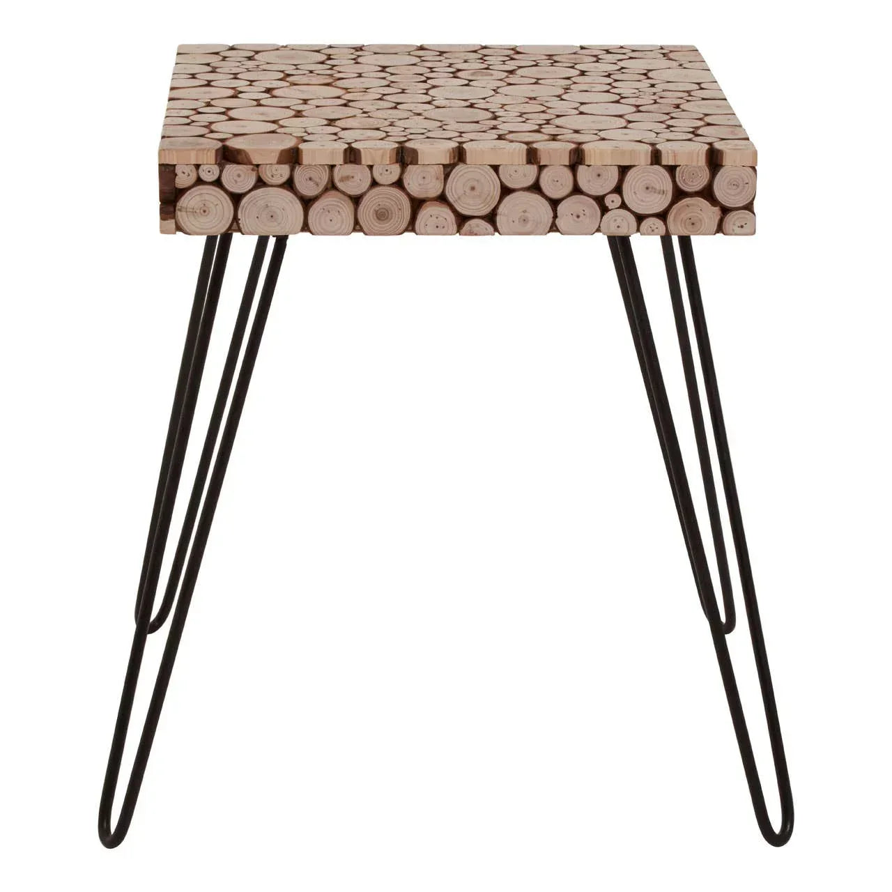 Wood slice side table with metal hairpin legs and natural finish