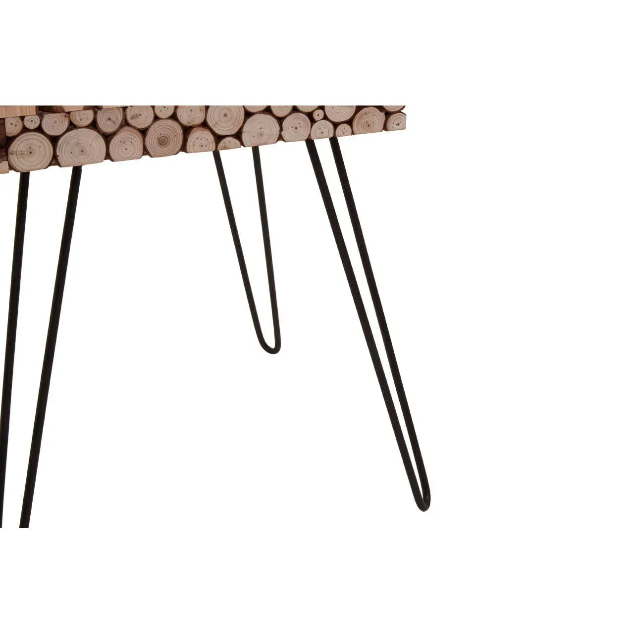 Console table with round wooden log slices and black metal hairpin legs