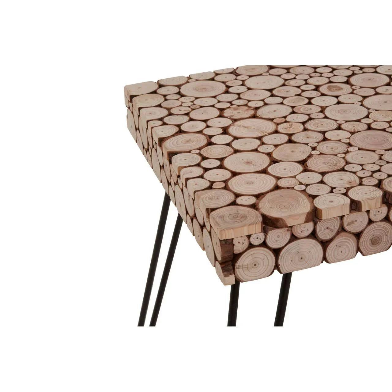 Rustic wood slice coffee table with round edge detail and black metal hairpin legs