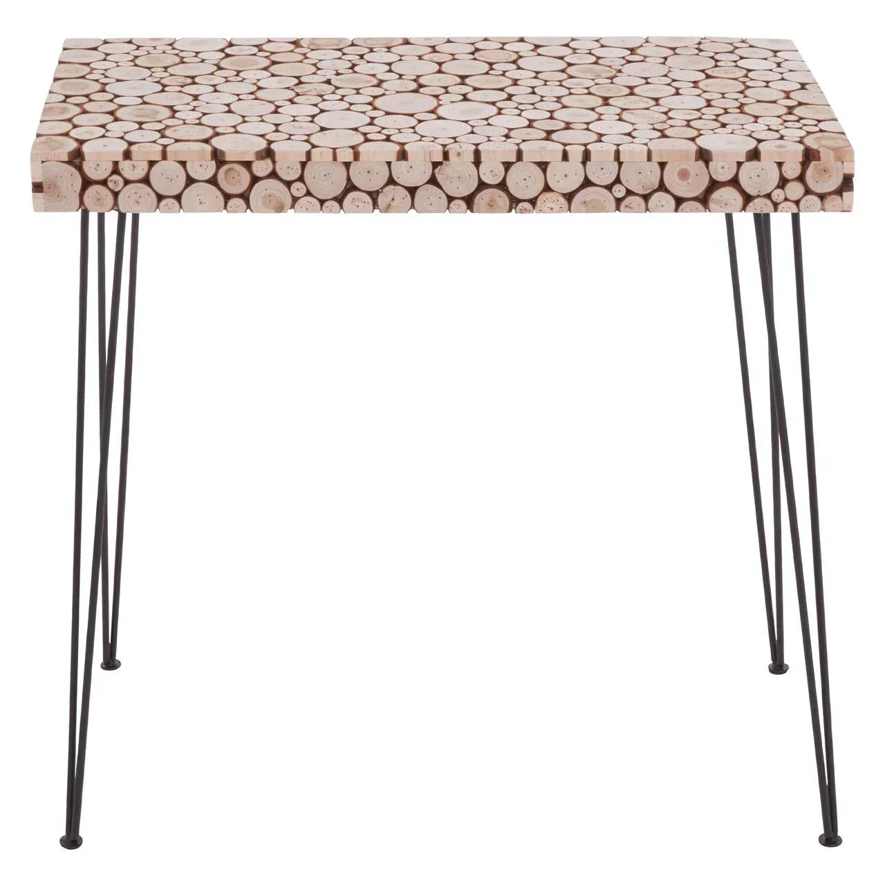 Wood slice console table with black metal hairpin legs, rectangular top view