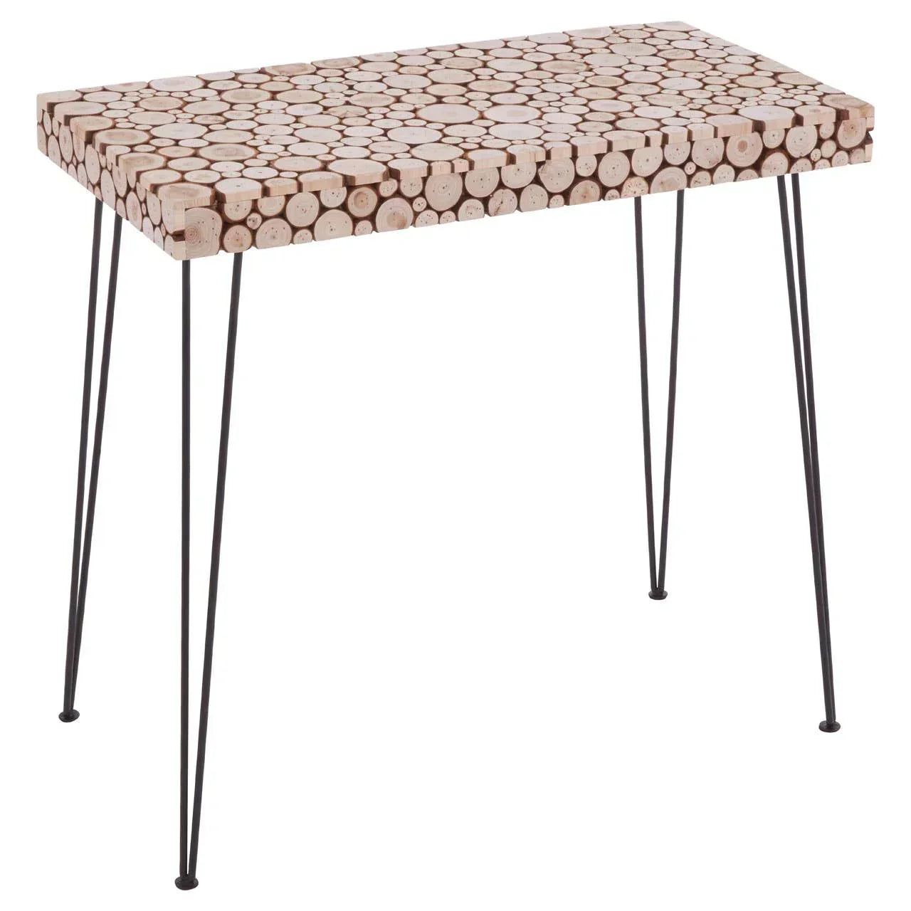 Console table with natural wood slice top and black metal hairpin legs