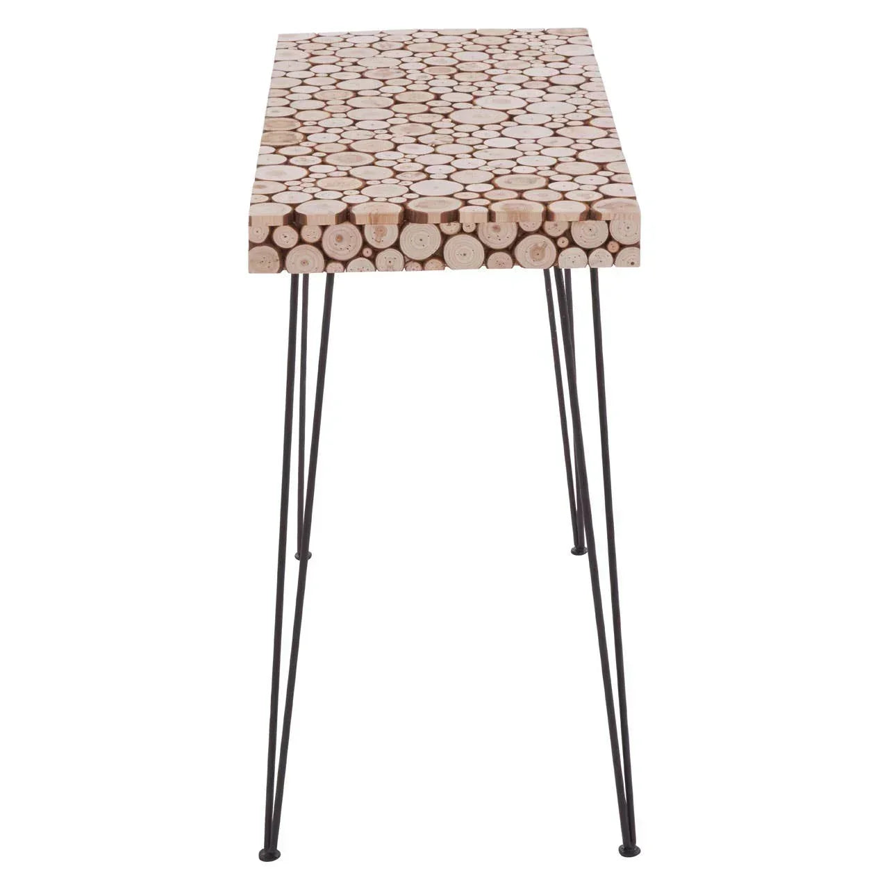 Console table with round wood slice top and black metal hairpin legs, front view