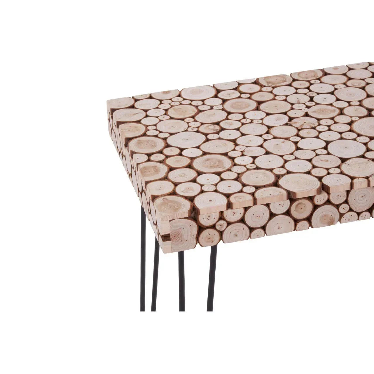Wood slice coffee table with metal hairpin legs, close view of natural wood top detail