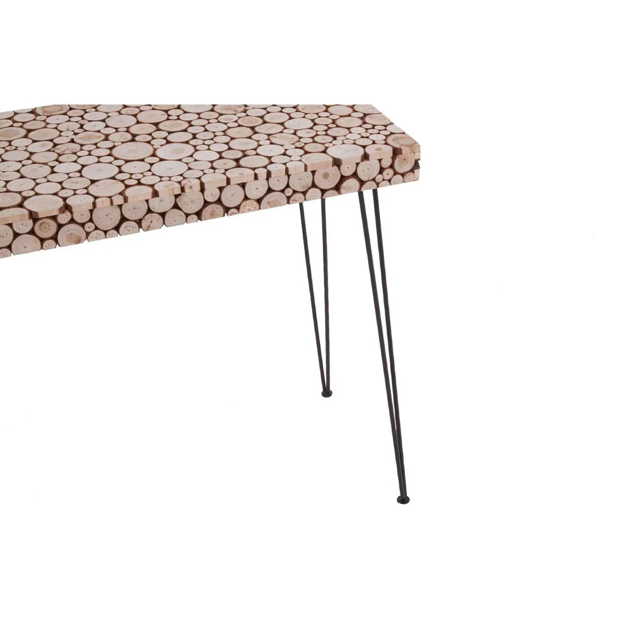 wood slice console table with metal hairpin legs and rustic finish