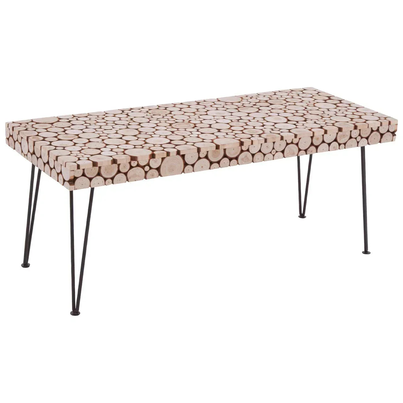 Rectangular wood coffee table with log slice top and black metal hairpin legs