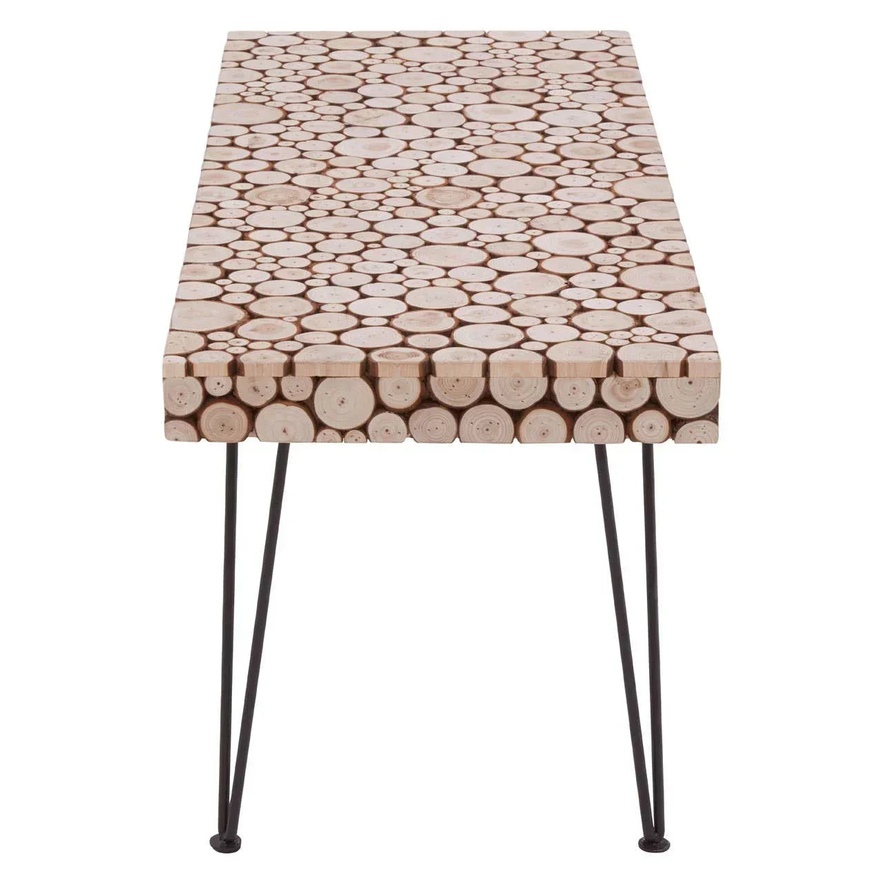 Rectangular wood coffee table with slice pattern top and black metal hairpin legs front view