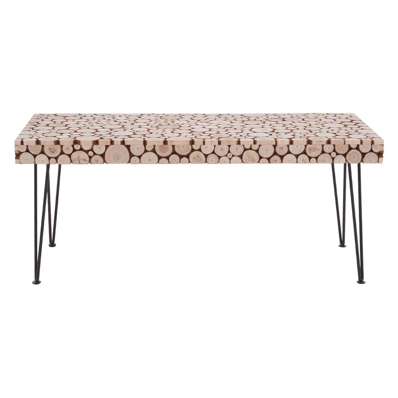 Wood slice coffee table with metal hairpin legs, front view