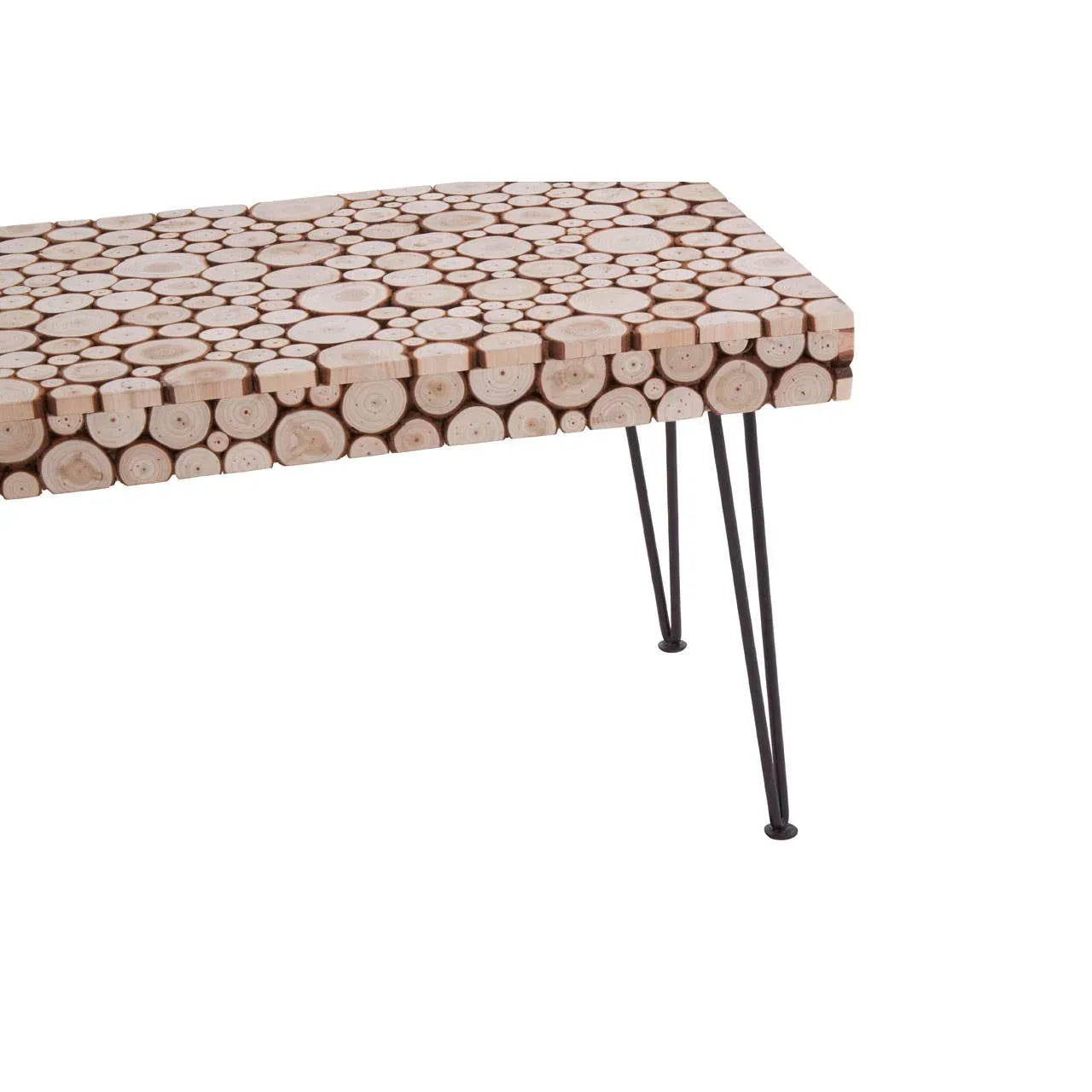 Rectangular wooden coffee table with log slice top and black metal hairpin legs