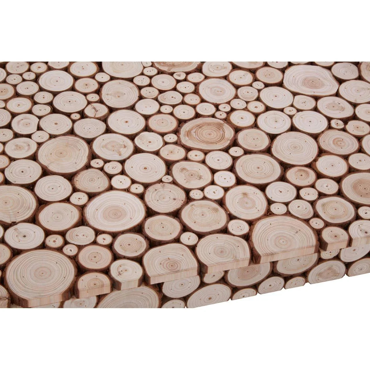 Natural wood coffee table with round log slices in various sizes