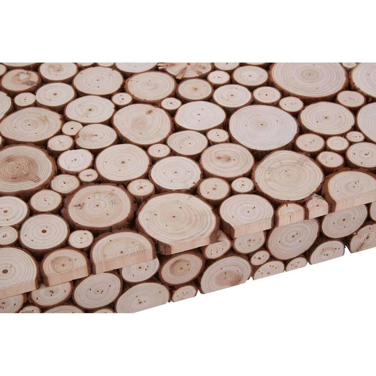 close up of wooden coffee table with natural log cross section pattern