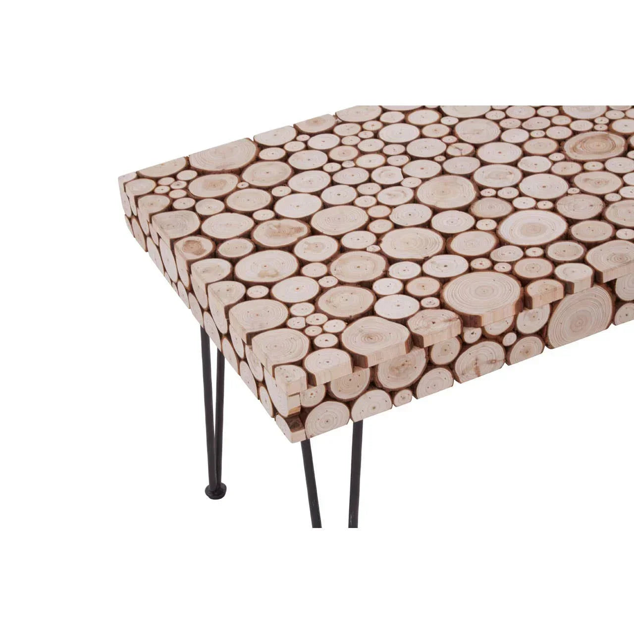 Rectangular wooden coffee table with log slice top and black metal hairpin legs