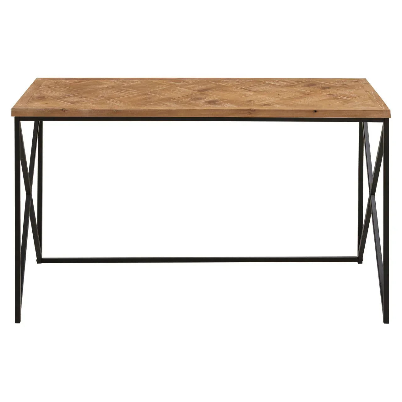 Rectangular wooden dining table with black metal legs and parquet top