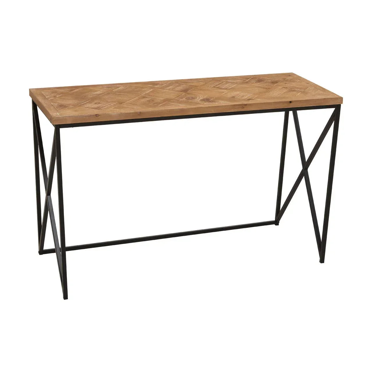 Industrial console table with chevron wood top and black metal frame
