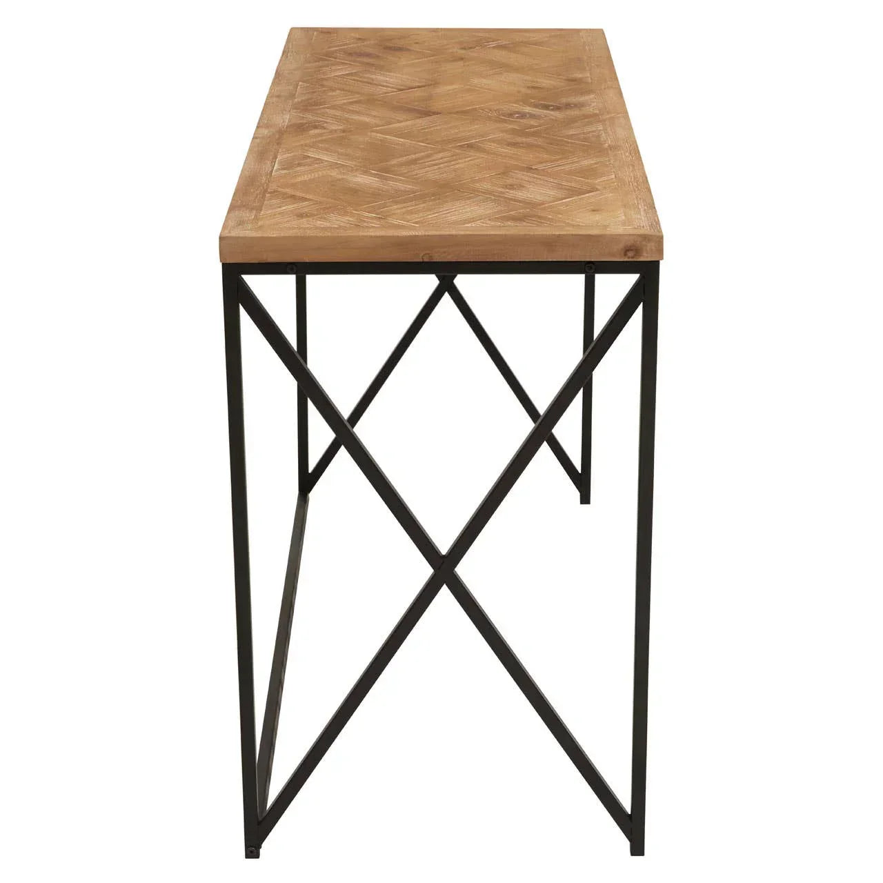 Rectangular wooden console table with metal frame and cross-leg support, side view