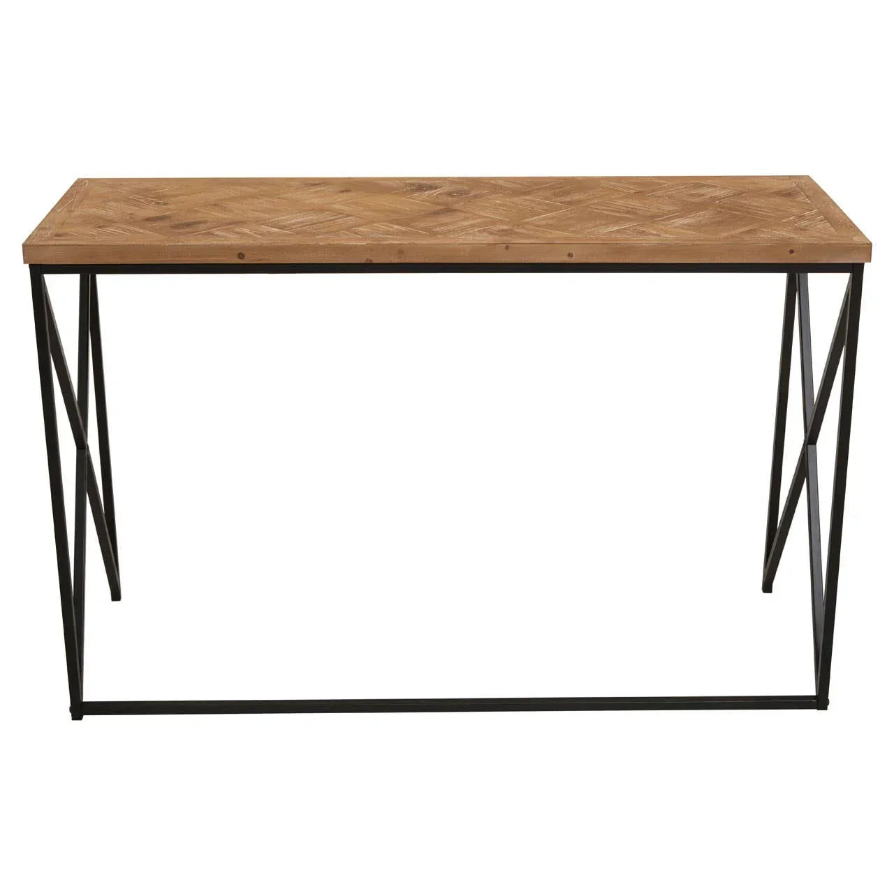 Wood console table with black metal frame and geometric pattern top