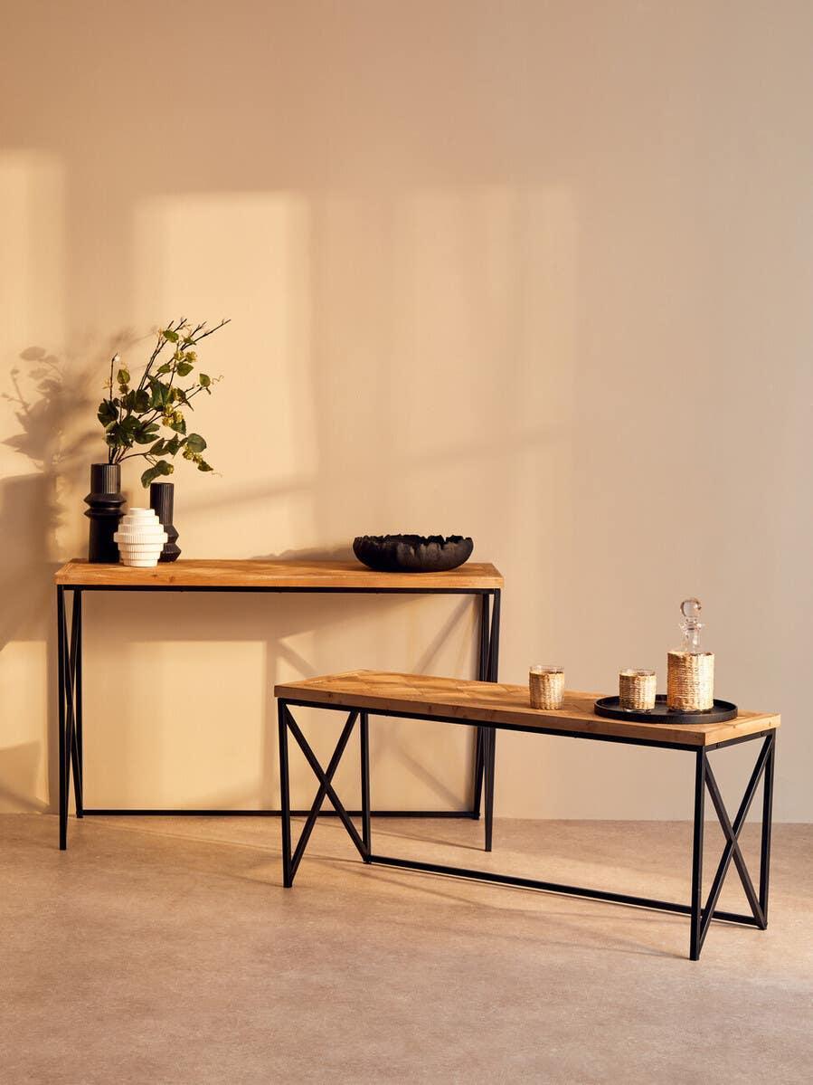 Industrial console table and bench set with black metal legs and wooden tops