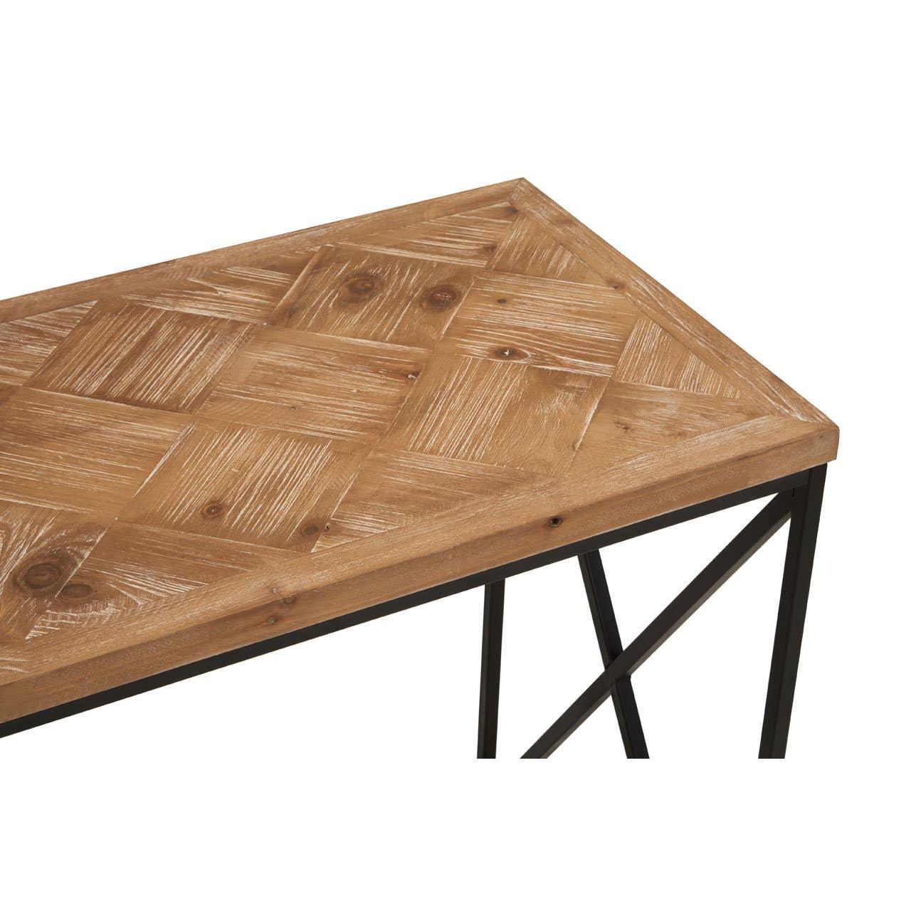 Rectangular wooden coffee table with black metal frame and parquet pattern top