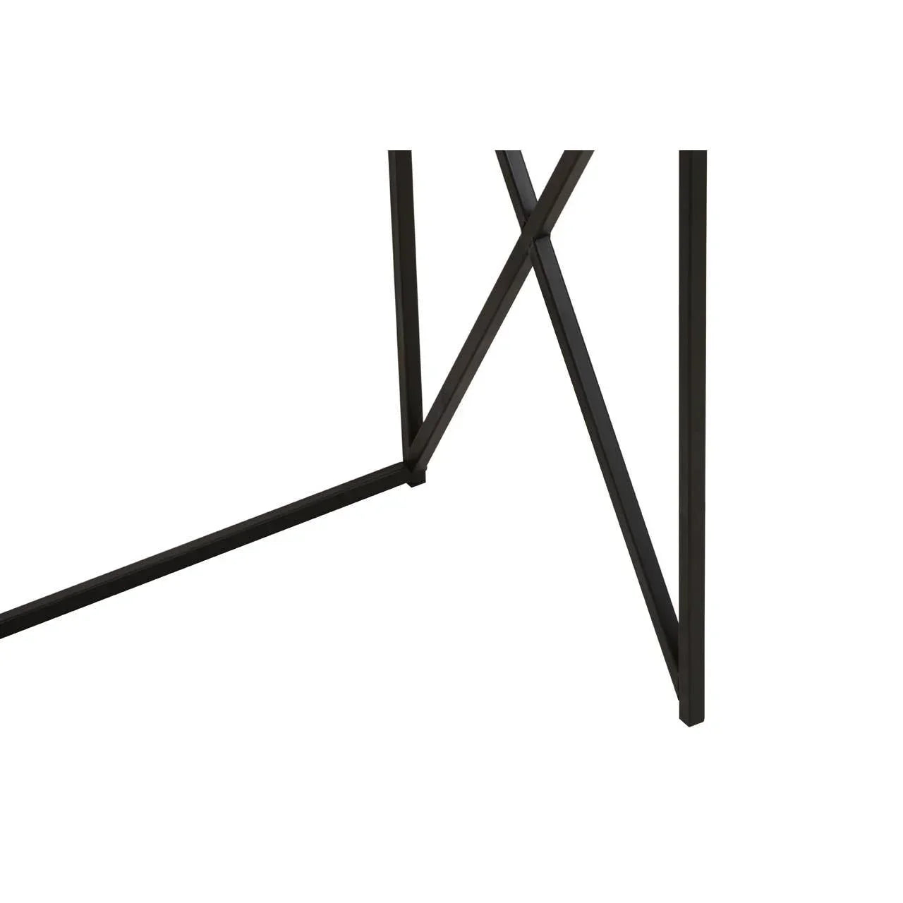 Black metal table legs with crossbar support, close-up of dining table frame