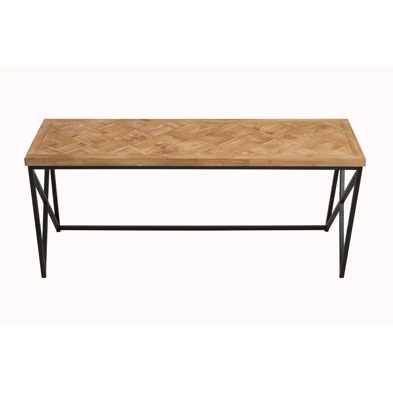 Rectangular wooden coffee table with metal legs and herringbone pattern top