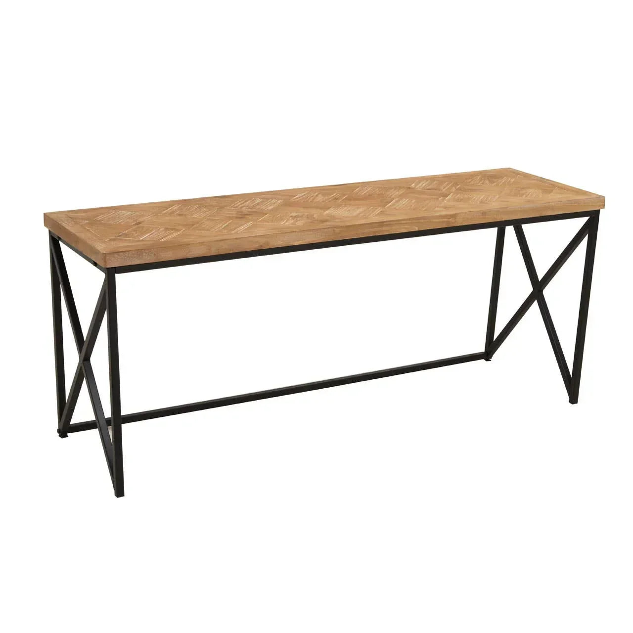 Industrial dining bench with black metal frame and chevron patterned wood seat