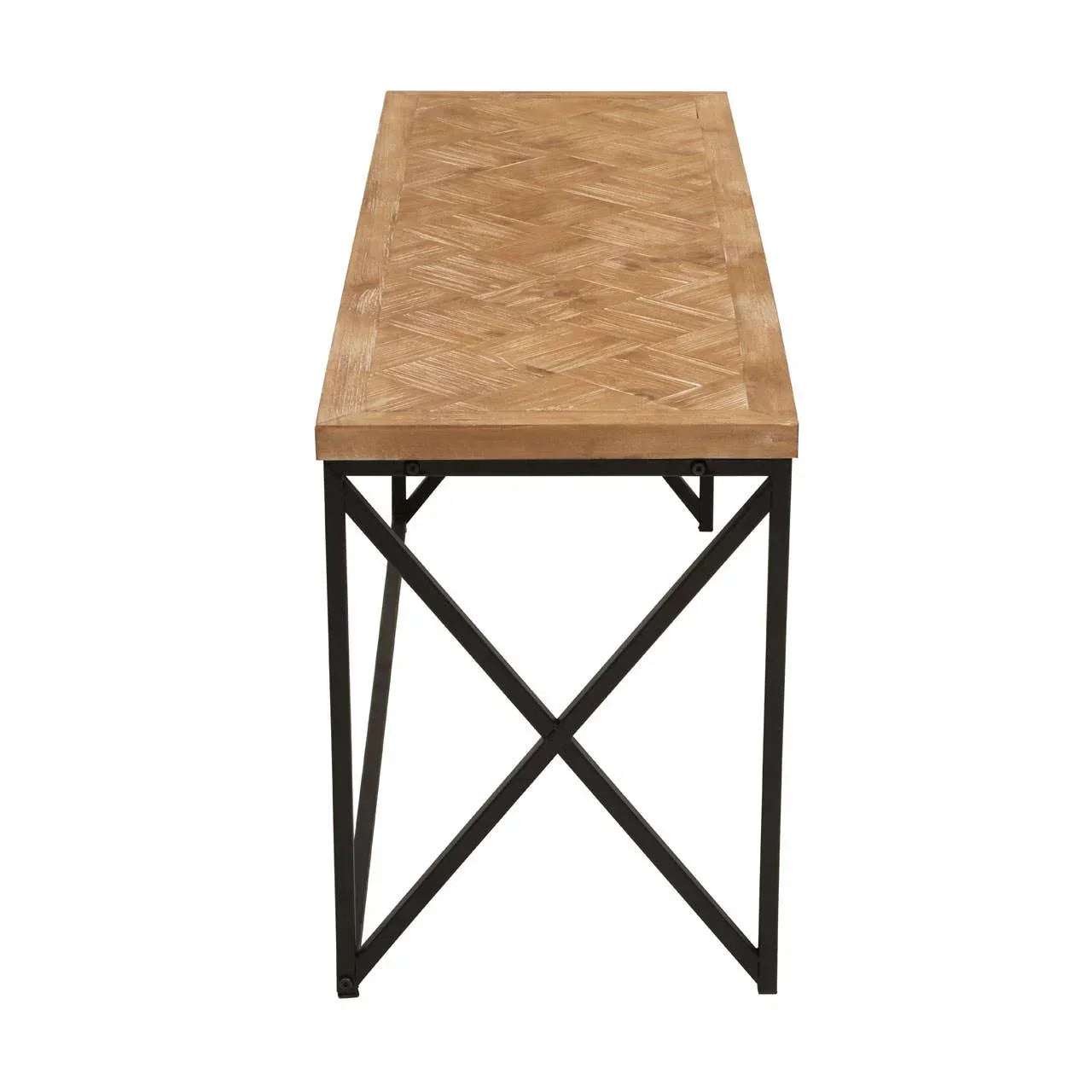 Rectangular wooden dining table with black metal legs and herringbone top pattern, end view
