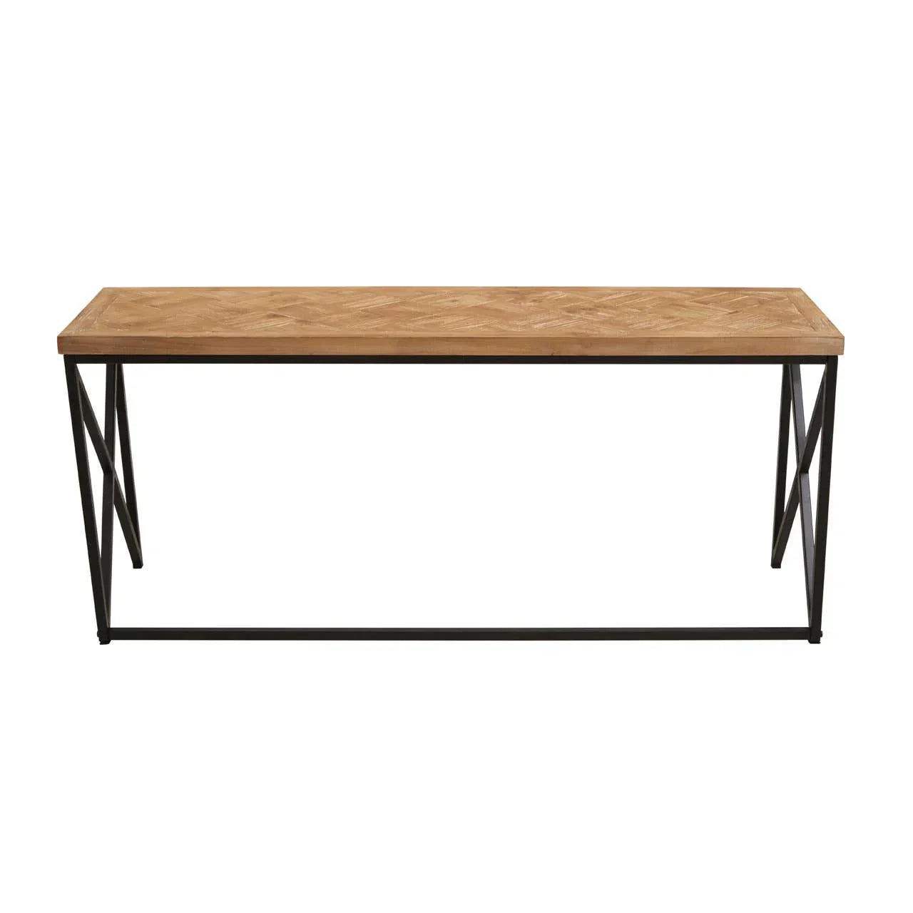 Rectangular wood dining table with black metal legs and geometric pattern top