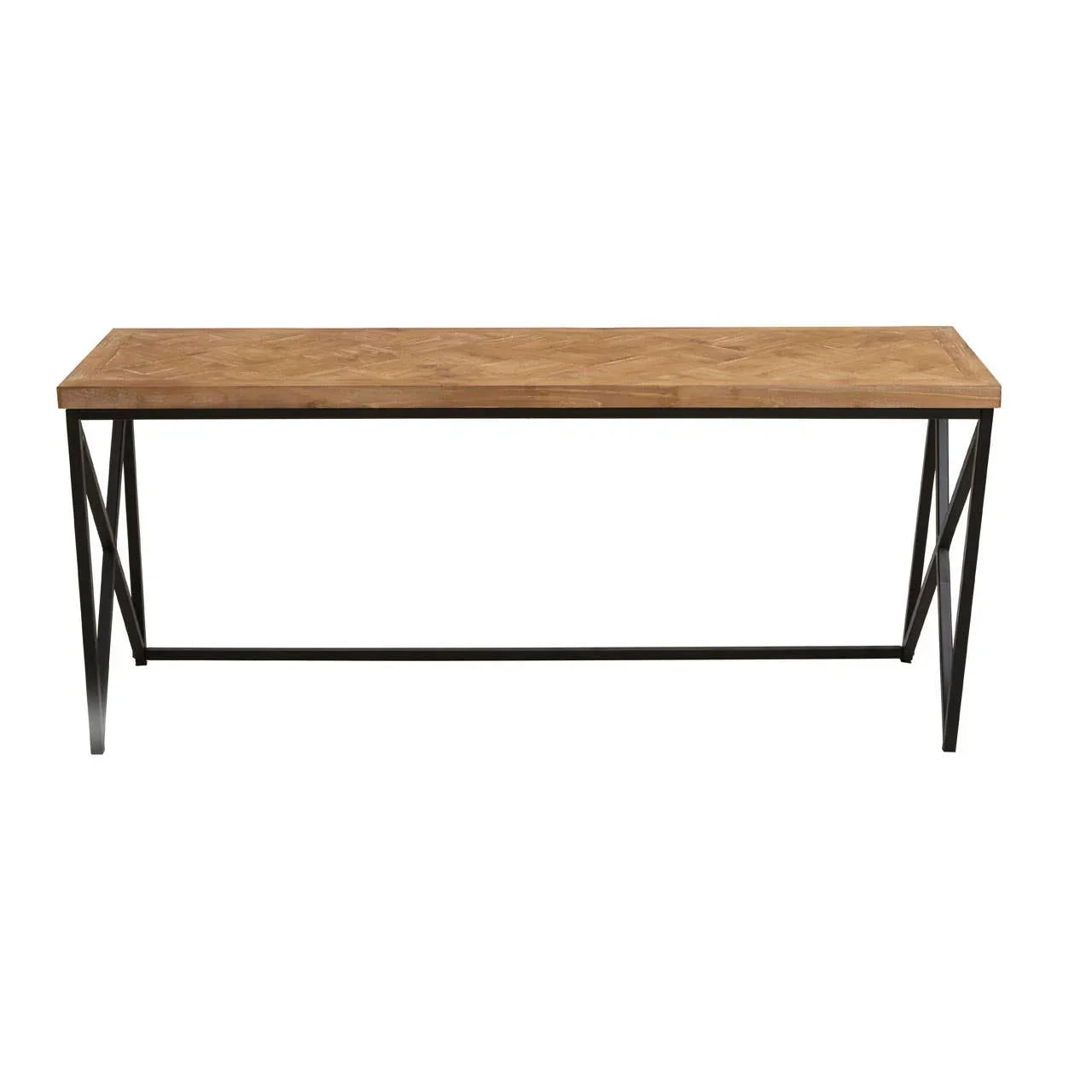 Rectangular dining table with natural wood top and black metal frame, industrial style