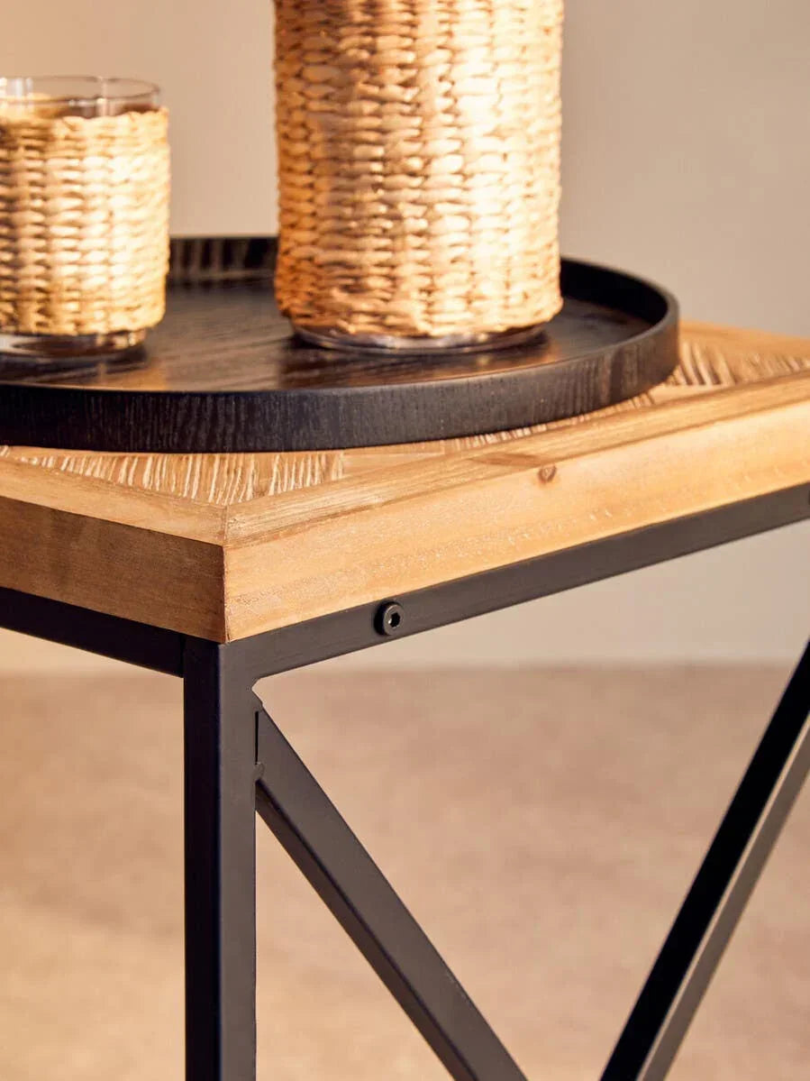Wood and metal side table with decorative tray and woven glass holders