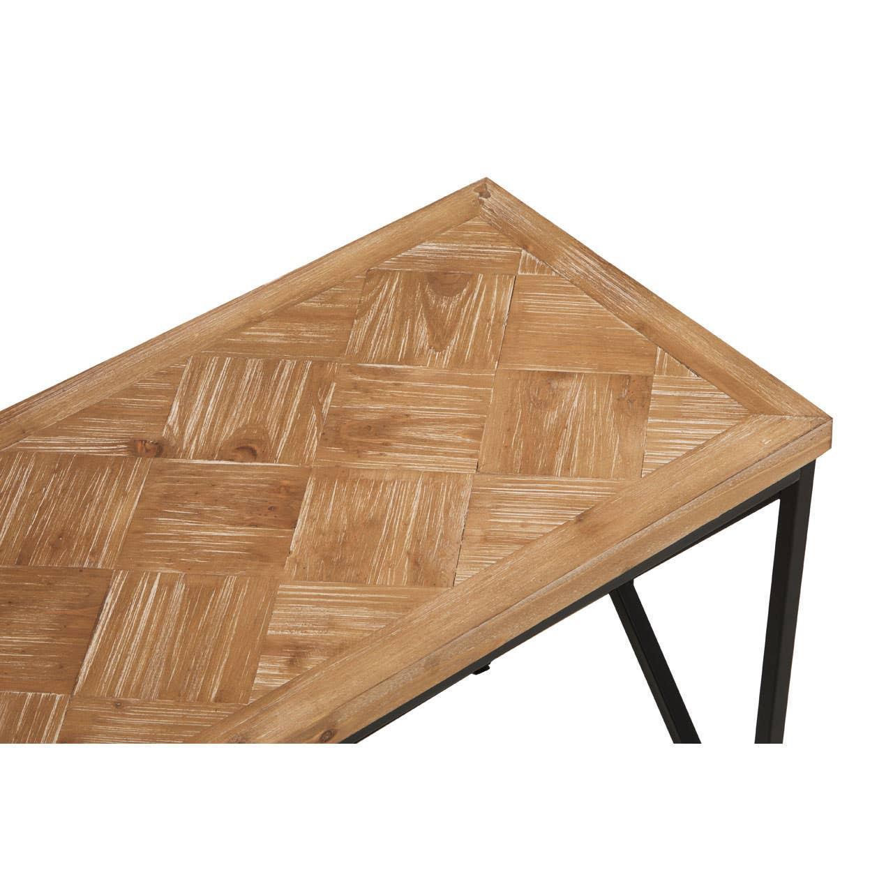 Rectangular wooden coffee table with parquet top and black metal legs, angled view