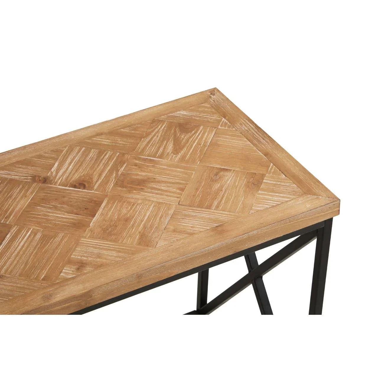 Rectangular wooden coffee table with parquet top and black metal legs, corner detail view
