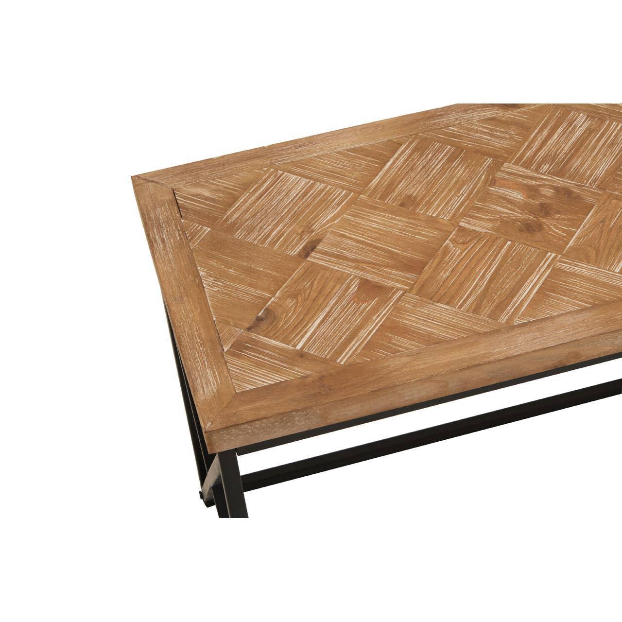 Rectangular wood coffee table with patterned top and black metal legs, corner angle view