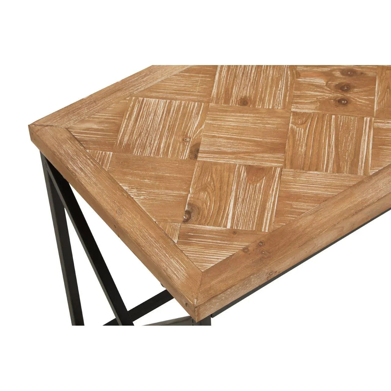Closeup of wooden coffee table with patterned top and black metal frame