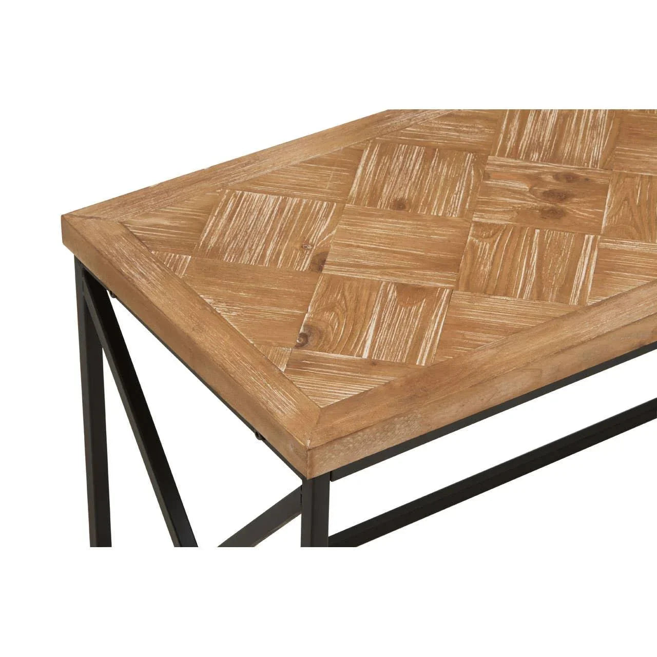 Rectangular wood coffee table with metal legs and parquet pattern tabletop