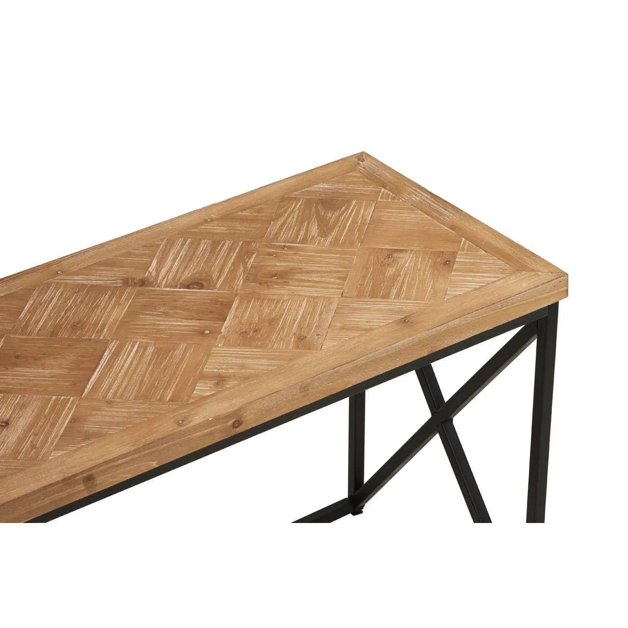 Rectangular dining table with wood parquet top and black metal legs shown from corner angle